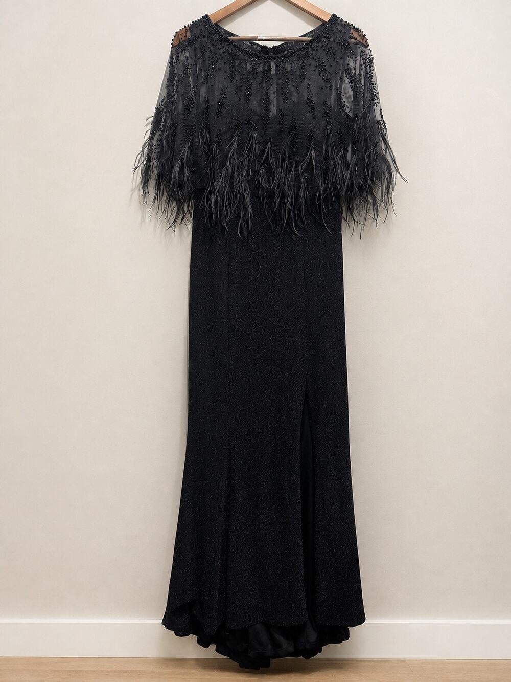 Marfil Barcelona Black Feather Beaded Mermaid Evening Gown US 10